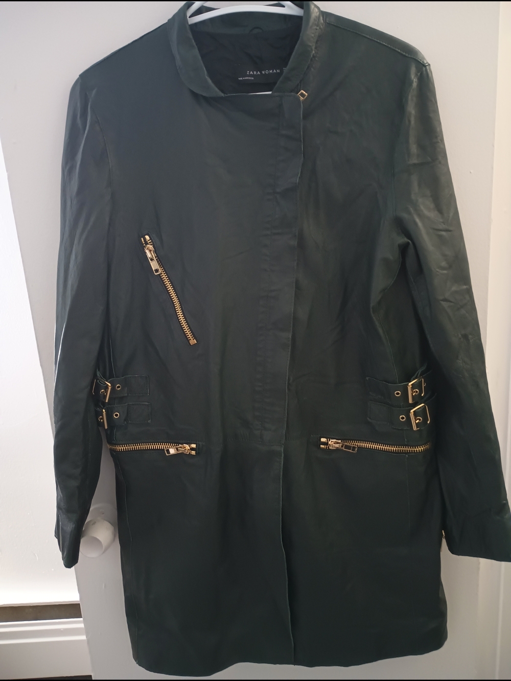 Zara Dark Green Long Leather Jacket Size M